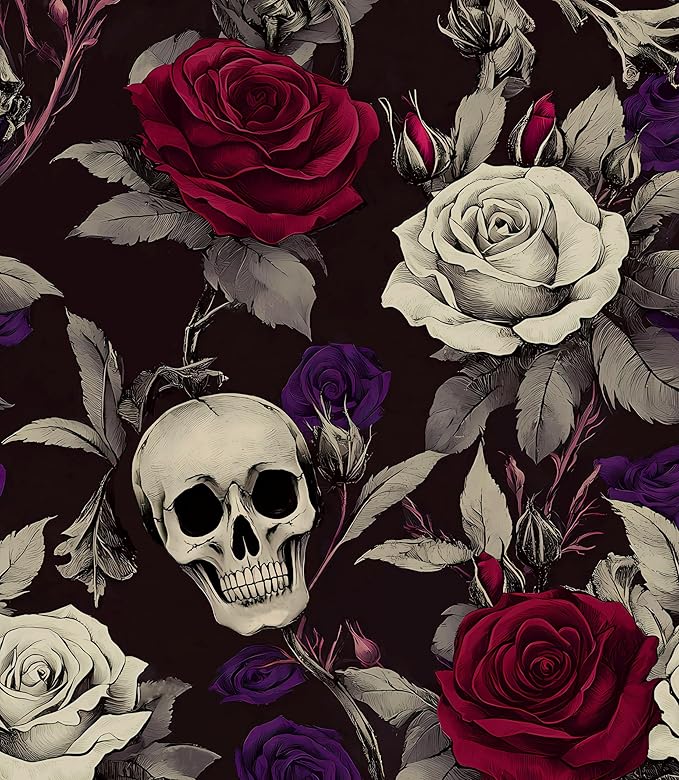 Skull Wallpaper Peel and Stick, Gothic Dark Purple/Red Rose Floral Contact Paper, Vintage Botanical Wall Paper Self Adhesive Removable Waterproof for Bedroom Shelves Cabinet Drawer Table 17.5" x 118"