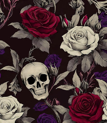 Skull Wallpaper Peel and Stick, Gothic Dark Purple/Red Rose Floral Contact Paper, Vintage Botanical Wall Paper Self Adhesive Removable Waterproof for Bedroom Shelves Cabinet Drawer Table 17.5" x 118"