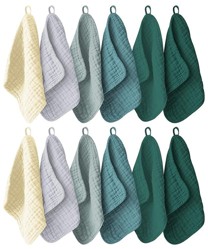 12 Pack Muslin Washcloths for Baby - 100% Cotton Baby Wash Cloths for or Baby Face Body Comfy and Soft for Newborn Infants Kids Girls and Boys - 12"x12" - Ivory, Slate and Emerald Series