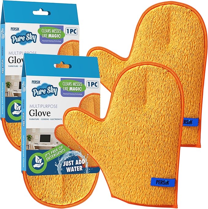 persik Pure-Sky Microfiber Glove Dusting Mitt - Just Add Water No Detergents Needed - Ultra Microfiber Cleaning Cloth Glove - Use for Cleaning Furniture, Home - 2 Pack