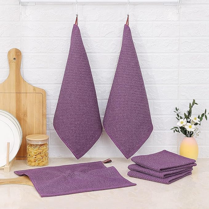 Kitinjoy 100% Cotton Kitchen Dish Cloths (12 X 12 Inches, Violet), 12 Pack Waffle Weave Ultra Soft Absorbent Dish Towels for Drying Dishes Quick Drying Kitchen Towels Dish Rags