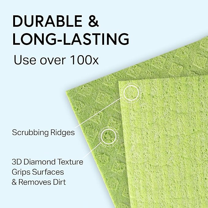 Swedish Wholesale Dishcloths Reusable 8" x 7" Sponge Cloths, Bulk 10 Pack of High Absorbent Cellulose Dish & Kitchen Cleaning Hand Towels, Wring to Dry & Machine Wash, Odor Resistant, White