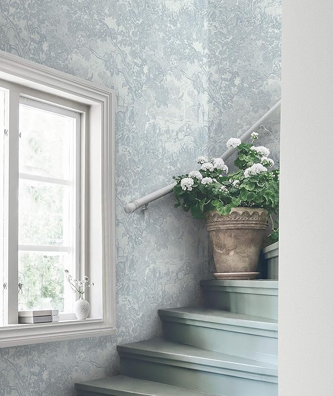 Heroad Peel and Stick Wallpaper Blue and White Vintage Forest Animals Floral Wallpaper Removable Self-Adhesive Contact Paper for Bedroom Living Room Cabinets Decoration Thicken Vinyl 17.3" x 197"