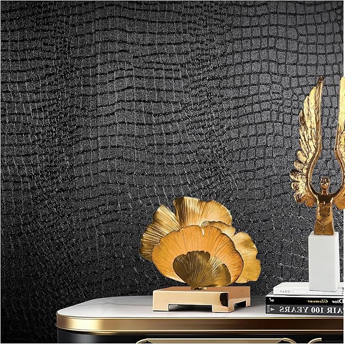Black Peel and Stick Wallpaper, 15.7'' X 118'' Crocodile Wallpaper Embossed Easy off Self Adhesive Removable Contact Paper Textured for Cabinet Bedroom with Knife Tape Measure (Cismmy 0001)