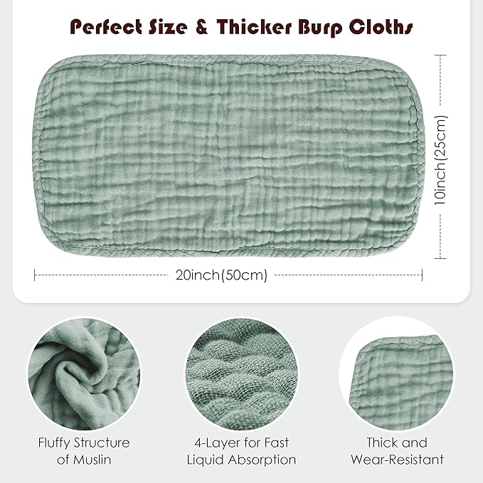 Muslin Burp Cloths 100% Cotton Large 20''x10'' Extra Soft and Absorbent Baby Wash Cloths Spit Up Rags - Baby Burping Cloth for Boys Girls Items(24 Pack Green)
