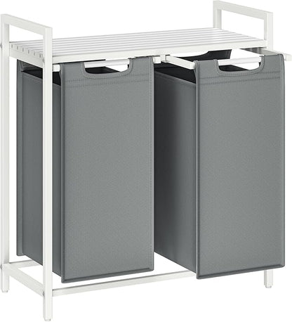 VASAGLE Laundry Hamper, Laundry Basket, Laundry Sorter with 2 Pull-Out and Removable Bags, Shelf, Metal Frame, 2 x 12.1 Gallons (46 L), 28.8 x 13 x 28.4 Inches, Slate Gray and Cloud White UBLH201W11