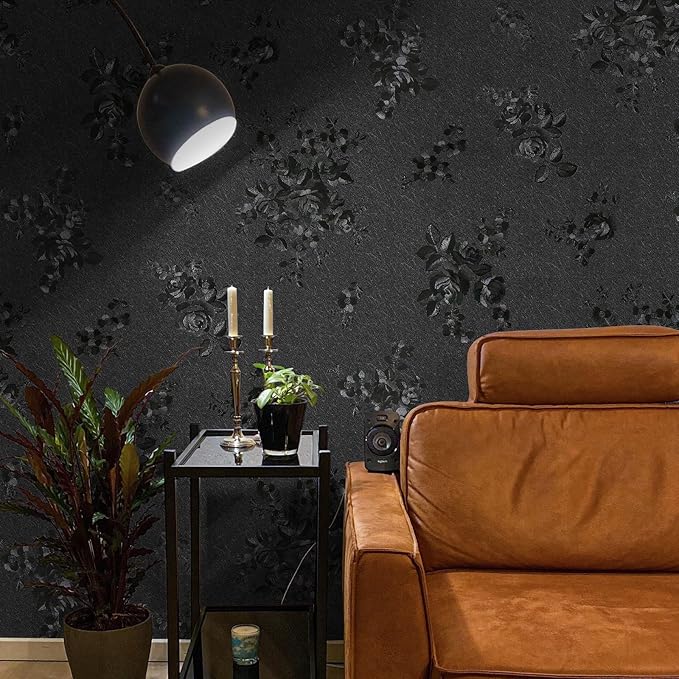 Black Peel and Stick Wallpaper Silk Embossed Floral Contact Paper for Cabinets Drawer Furniture Textured Flower Removable Wallpaper for Kitchen Bathroom Waterproof Thicken Vinyl 275inL 17.7inW