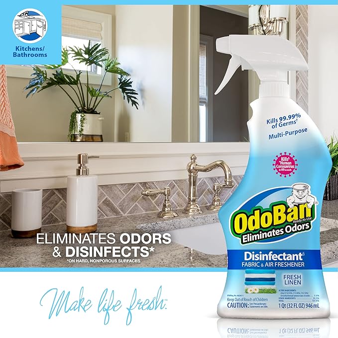 OdoBan Ready-to-Use Disinfectant and Odor Eliminator, Made in the USA, Fresh Linen Scent, Set of 2, 32 oz Spray and 1 Gallon Concentrate