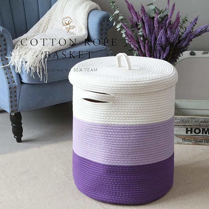 Sea Team Large Size Cotton Rope Woven Storage Basket with Lid, Lidded Laundry Hamper with Handles, Fabric Bucket with Cover, Clothes Toys Organizer for Kid's Room, 16 x 20 inches, White & Lavender