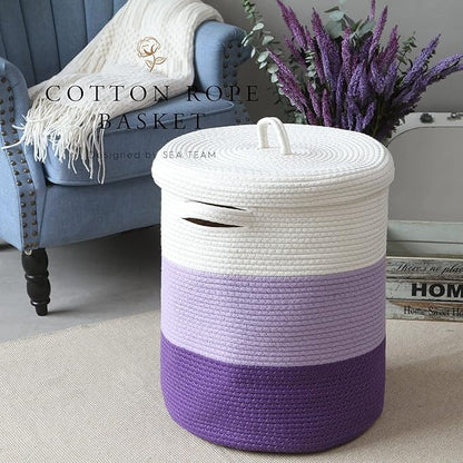Sea Team Large Size Cotton Rope Woven Storage Basket with Lid, Lidded Laundry Hamper with Handles, Fabric Bucket with Cover, Clothes Toys Organizer for Kid's Room, 16 x 20 inches, White & Lavender
