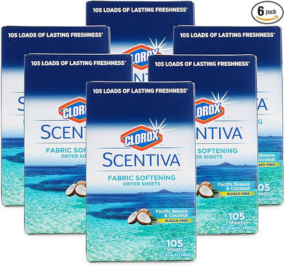Clorox Scentiva Fabric Softening Dryer Sheets, 105 Sheets per Pack, Pacific Breeze & Coconut Scent | Bleach-Free Fabric Softener Sheets for Static Control and Reduce Wrinkles (6 Pack)