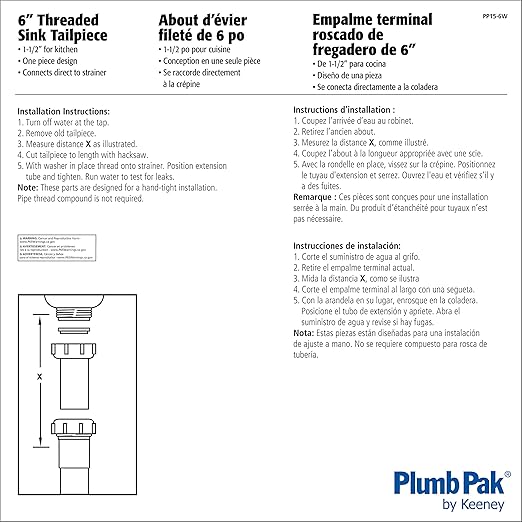 Plumb Pak PP15-6W Sink Strainer Tailpiece with, 1-1/2 in Dia X 6 in L, Threaded, Plastic