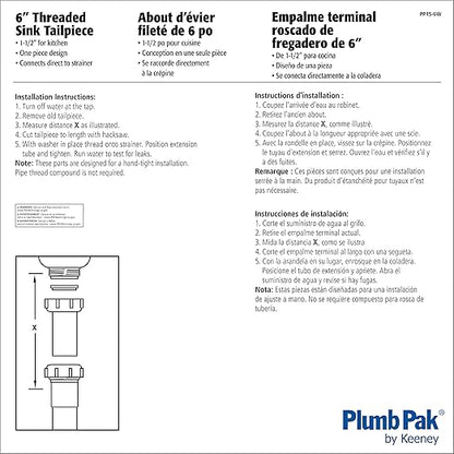 Plumb Pak PP15-6W Sink Strainer Tailpiece with, 1-1/2 in Dia X 6 in L, Threaded, Plastic