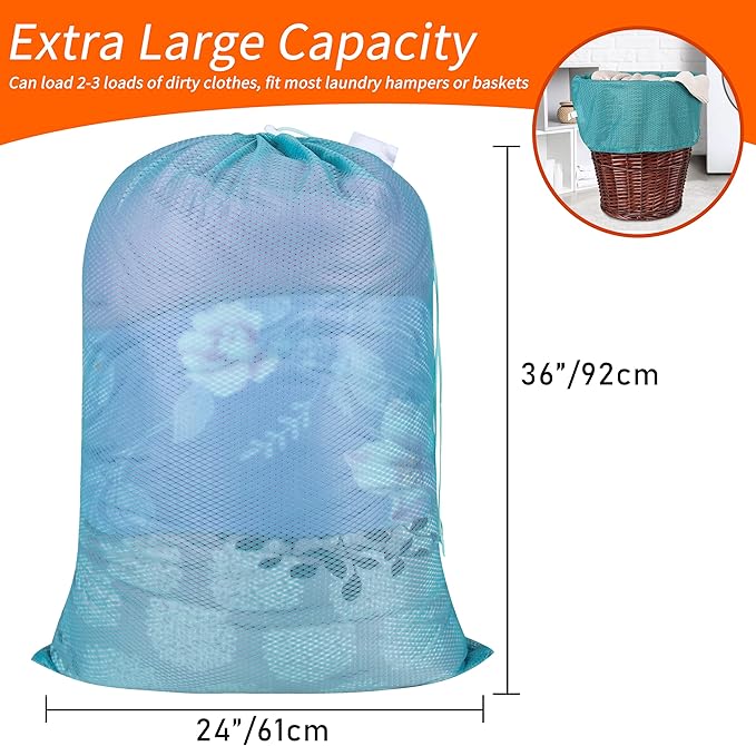 Polecasa Heavy Duty Large Mesh Laundry Bags with ID Tag and Locking Drawstring Closure - 2 Pack, 24 x 36 inches - Laundry Hamper Liner, Washable Laundry Bag for Travel, Sports, Dorms (Aqua)