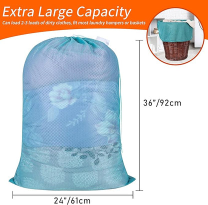 Polecasa Heavy Duty Large Mesh Laundry Bags with ID Tag and Locking Drawstring Closure - 2 Pack, 24 x 36 inches - Laundry Hamper Liner, Washable Laundry Bag for Travel, Sports, Dorms (Aqua)