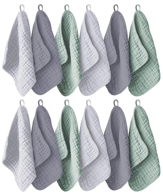 12 Pack Muslin Washcloths for Baby - 100% Cotton Baby Wash Cloths for or Baby Face Body Comfy and Soft for Newborn Infants Kids Girls and Boys - 12"x12" - Grey, Green and Slate