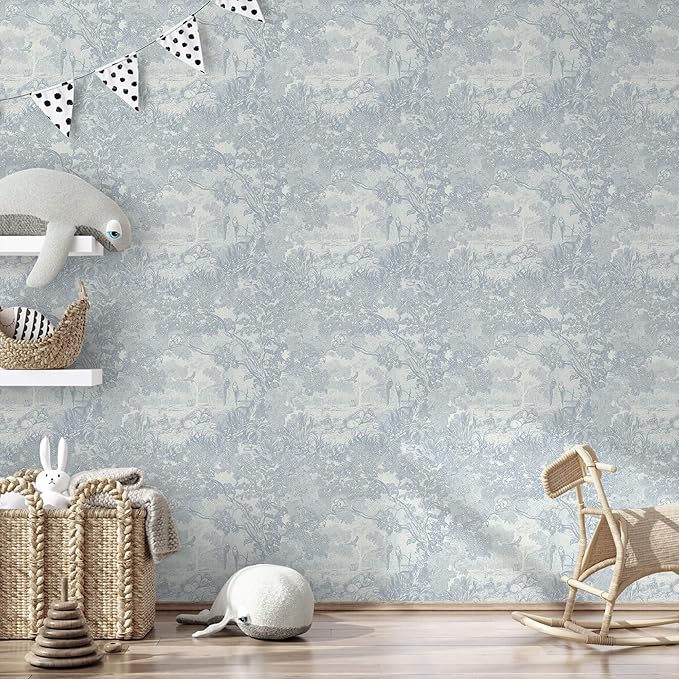 Ismoon Vintage Wallpaper Peel and Stick Blue Neutral Wallpaper 17.3in x16.4ft Forest Animals Contact Paper for Bedroom Thicken Waterproof Self-Adhesive Wall Paper Removable Renter Friendly Vinyl
