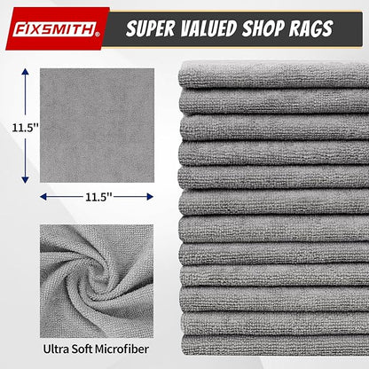 FIXSMITH Microfiber Cleaning Cloth, Shop Towels Bulk, 24 Pack Grey Microfiber Towels for Cars, All-Purpose Absorbent Cleaning Rags, Dust Cloth for Automotive, Mechanic, Garage, Bar, 12 x 11 inch