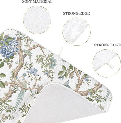 Blue Green Floral Bird Dish Drying Mats 18x24 Inch Blue Green Vintage Flowers Bird Chinoiserie Decorative Drying Mats Outdoor Kitchen Decor Coffee Bar Mat for Kitchen Dining Room