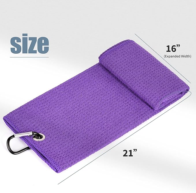 Mile High Life Tri-fold Golf Towel | 16" X 24" | Premium Microfiber Fabric | Waffle Pattern | with Heavy Duty Carabiner Clip | for Men and Women (Purple)