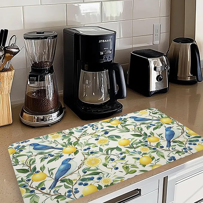 Vibrant Birds Lemon Dish Drying Mat, Summer Lemon Blueberry Tree Coffee Bar Mat for Countertops, Nature Botanical Absorbent Dish Drying Mats for Kitchen Counter Coffee Maker, 16x24 Inch