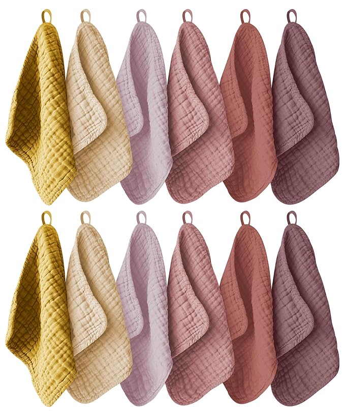 12 Pack Muslin Washcloths for Baby - 100% Cotton Baby Wash Cloths for or Baby Face Body Comfy and Soft for Newborn Infants Kids Girls and Boys - 12"x12" - Brown, Honey and Bean Paste Series