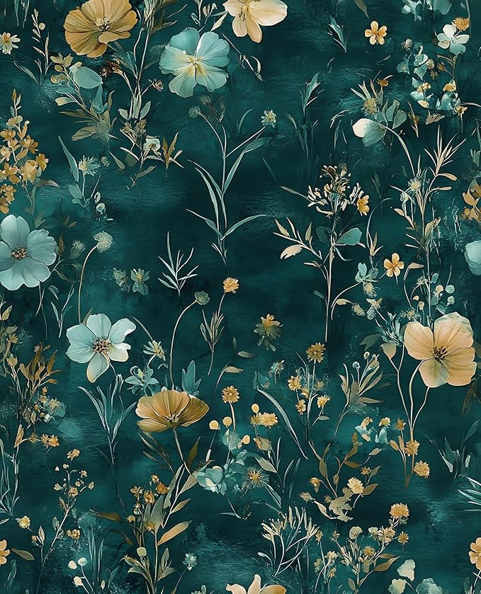 Laatse Teal/Blue/Yellow Floral Peel and Stick Wallpaper Boho Wallpaper 17.5"x118" Vintage Wildflowers Contact Paper Waterproof Self Adhesive Modern Stick on Wall Paper for Bedroom Walls Table Cabinet