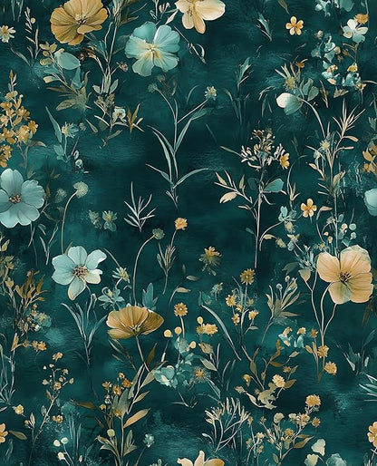Laatse Teal/Blue/Yellow Floral Peel and Stick Wallpaper Boho Wallpaper 17.5"x118" Vintage Wildflowers Contact Paper Waterproof Self Adhesive Modern Stick on Wall Paper for Bedroom Walls Table Cabinet