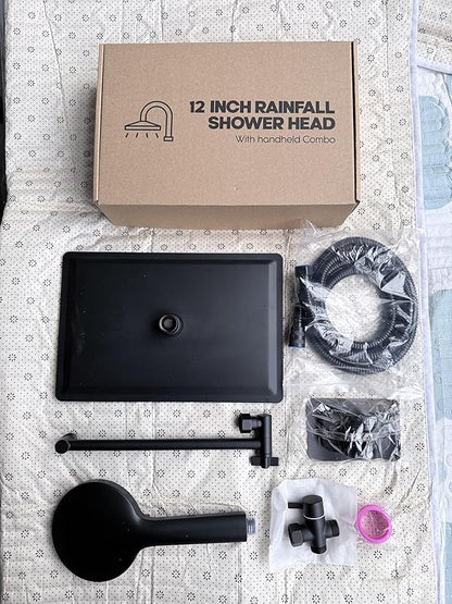 Shower Head,12”Rain Shower Head with Handheld Spray Combo with 11'' Angle Adjustable Extension Arm/Flow Regulator/Shower System,High Pressure Rainfall Shower Head Clean Bathroom,Matt Black