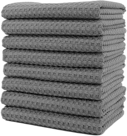 POLYTE Ultra Premium Microfiber Kitchen Dish Hand Towel Waffle Weave, 8 Pack (16x28 in, Gray)
