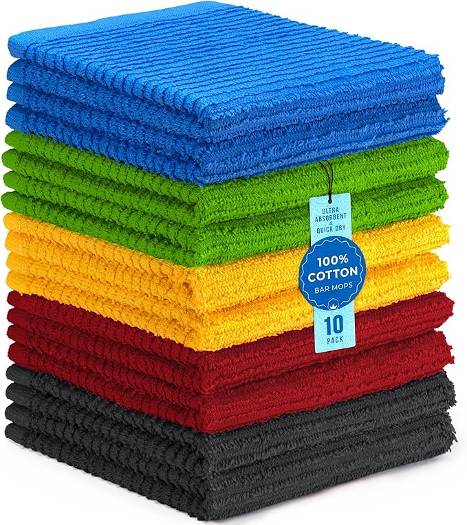 DecorRack 100% Cotton Bar Mop Towels, Kitchen Dish Cloths, Multi-Purpose Cleaning Towels, Ultra Absorbent, Machine Washable, Quick Dry, Vibrant Assortment (Pack of 10)