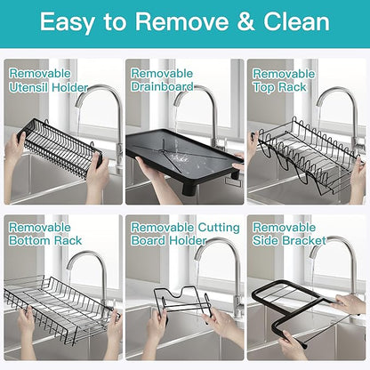 romision 2 Tier Compact Stainless Steel Dish Drainers Drying Rack for Kitchen Counter, Space Saving, Rust Proof Plate Strainers Holder On Countertop with Drainboard, Modern Black, Small