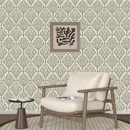 Vintage Khaki Leaf Symmetrical Wallpaper Peel and Stick 17.5" x 118" Simple Beige Floral Pattern Self Adhesive Cantact Paper, Waterproof Removable Vinyl Wall Covering for Bedroom Living Room Cabinet.