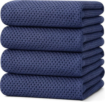 Kitinjoy 100% Cotton Waffle Weave Kitchen Towels (20 X 28 Inches, Navy Blue), 4-Pack Super Soft and Absorbent Dish Towel for Drying Dishes