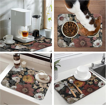 Spring Boho Floral Dish Drying Mats Spring Summer Vintage Flowers Dish Mat Farmhouse Drying Matt Dishes Dryer Pad for Kitchen Counter Absorbent Microfiber Washable Foldable Reusable 18x24 in
