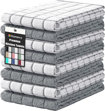 Homaxy Premium Cotton Kitchen Towels 16"x 28", Large Natural Ring Spun 390 GSM Dish Towels, Super Absorbent Terry Kitchen Hand Towels, Soft Tea Towels with Hanging Loop, Grey Check Design, 8 Pack