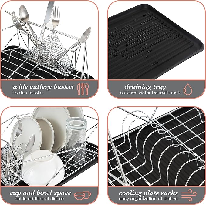 Kitchen Details Geode Deluxe Dish Drying Rack with Drain Board | Cutlery Basket | Utensil Holder | Iron Frame | Chrome