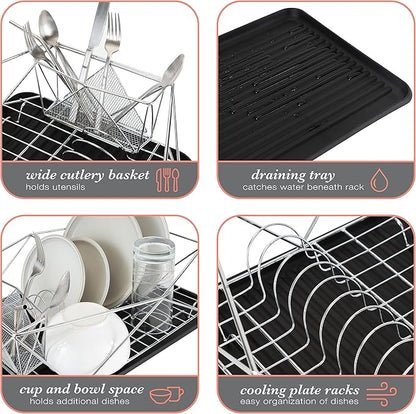 Kitchen Details Geode Deluxe Dish Drying Rack with Drain Board | Cutlery Basket | Utensil Holder | Iron Frame | Chrome