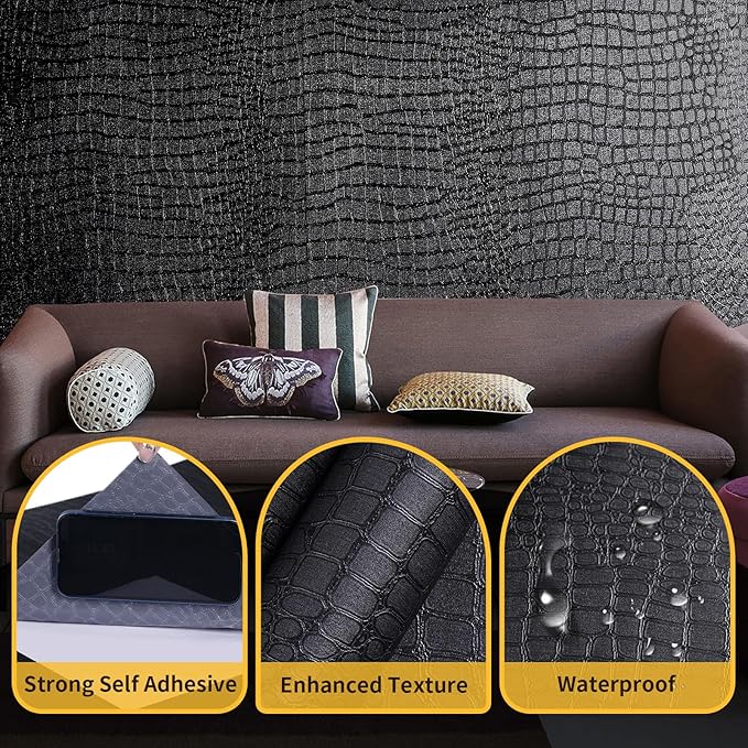 Black Crocodile Peel and Stick Wallpaper, 15.7" X 395", Embossed, Easy Peel Off, Self Adhesive, Removable, Textured, Waterproof, Scratch-Resistant, Straight Match, 43.07 sq ft, PVC, 1 Count