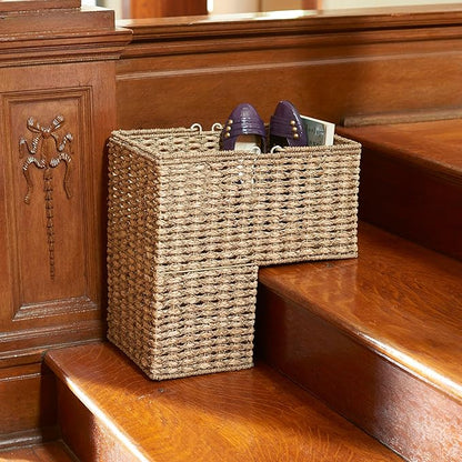 Household Essentials Wicker Stair Basket, Wicker Step Organizer with Handles, Use to Collect and Transport Items from Floor to Floor