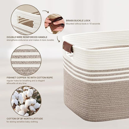 72L Large Laundry Basket with Leather Handles for Living Room Storage, Woven Rope Baskets Bin for Blanket, Kids Toy, Gifts, Wicker Hamper for Bedroom Dirty Clothes, 22"x17"x12" White Brown