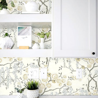 Orainege Peel and Stick Wallpaper Vintage Floral Contact Paper 17.7in x 196.8in Beige Floral Wallpaper Peel and Stick Removable Wall Paper for Bathroom Waterproof