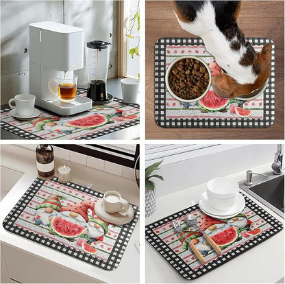 Summer Gnomes Dish Drying Mat Watermelon Buffalo Plaid Large Kitchen Dish Drying Pad Absorbent Drying Mat for Countertops Dish Dryer Mat Microfiber Dishes Drainer Pad Dish Drying Rack Mat 18x24 in