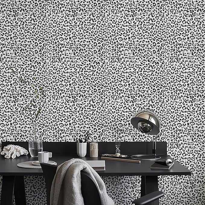 Leopard Print Peel and Stick Wallpaper, Waterproof Removable Self Adhesive Textured Wall Paper, Black and White Unique Funky Cheetah Contact Paper for Bedroom and Bathroom 120"X17.3"(14.4 sq. ft)