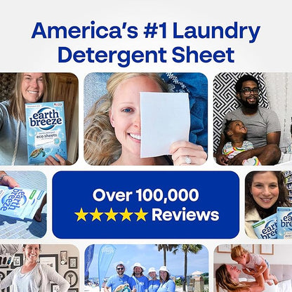 Earth Breeze Laundry Detergent Sheets Fragrance-Free - 60 Loads Eco Liquidless Soap - Travel-Friendly for Hot & Cold Cycles, Tackles Tough Stains & Odors - Gentle on Sensitive Skin, 30 Ct