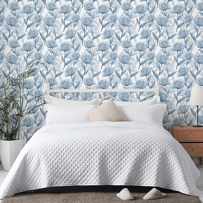 Heroad Brand 16.1"x393" Boho Floral Peel and Stick Wallpaper Blue Flowers Contact Paper for Cabinets Waterproof Removable Self Adhesive Wallpaper Drawer Liner Decoration Paper for Walls