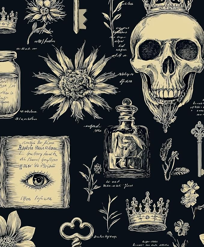 Skull Wallpaper Peel and Stick, Black Beige Witcher Gothic Contact Paper, Vintage Fancy Wall Paper Self Adhesive Removable Waterproof for Bathroom Bedroom Shelf Cabinet Drawer Table 17.5" x 118"