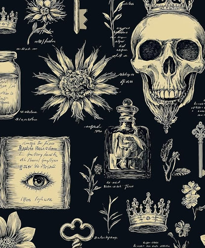Skull Wallpaper Peel and Stick, Black Beige Witcher Gothic Contact Paper, Vintage Fancy Wall Paper Self Adhesive Removable Waterproof for Bathroom Bedroom Shelf Cabinet Drawer Table 17.5" x 118"