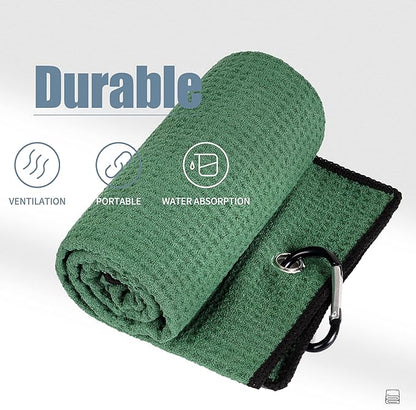 Mile High Life Tri-fold Golf Towel | 16" X 24" | Premium Microfiber Fabric | Waffle Pattern | with Heavy Duty Carabiner Clip | for Men and Women (2 Pack Green)