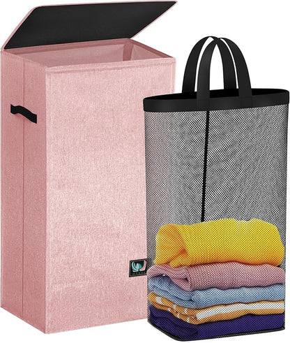 Laundry Hamper with Lid, Reinforced Sturdy Clothes Hamper with Anti-Puncture Base, Large Collapsible Laundry Basket with Removable Liner Bag, Tall Dirty Clothes Bin for Family, 100L Pink